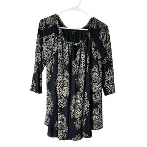 Lucky Brand Tunic Blouse Plus Size 1X Black Floral 3/4 Sleeve Boho